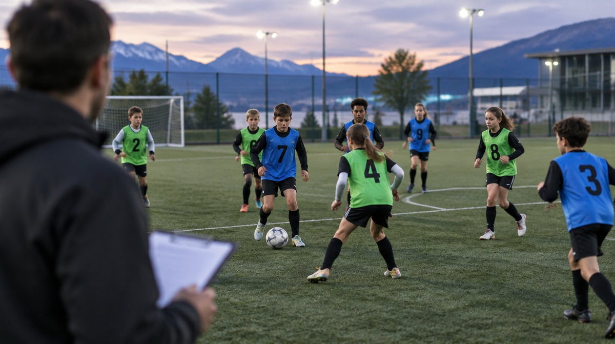 Trainer mit Klemmbrett beobachtet 11-jährige Spielerinnen und Spieler bei einer Footeco-Sichtung auf Kunstrasen