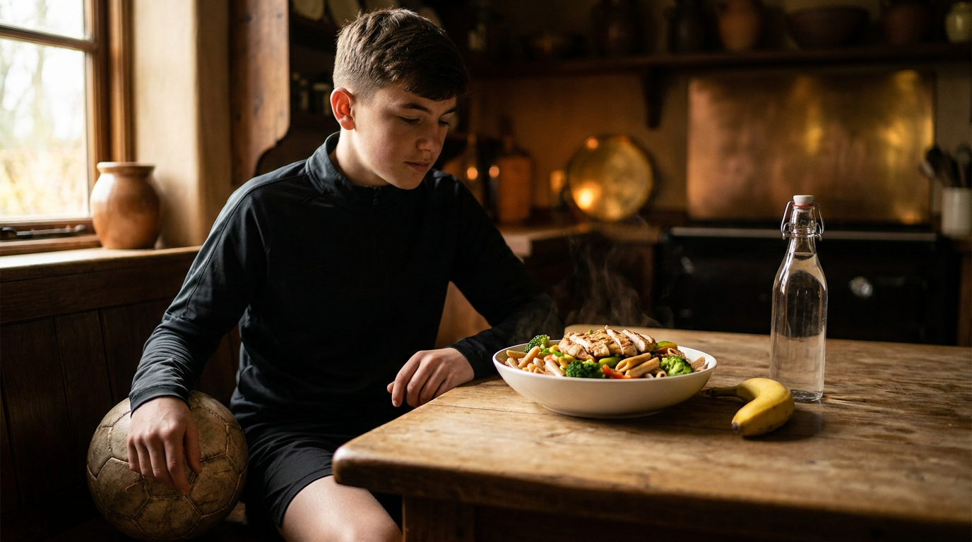 Junger Fussballer mit gesunder Sportler-Mahlzeit: Pasta, Poulet, Banane und Wasser – Ernährung für junge Fussballer