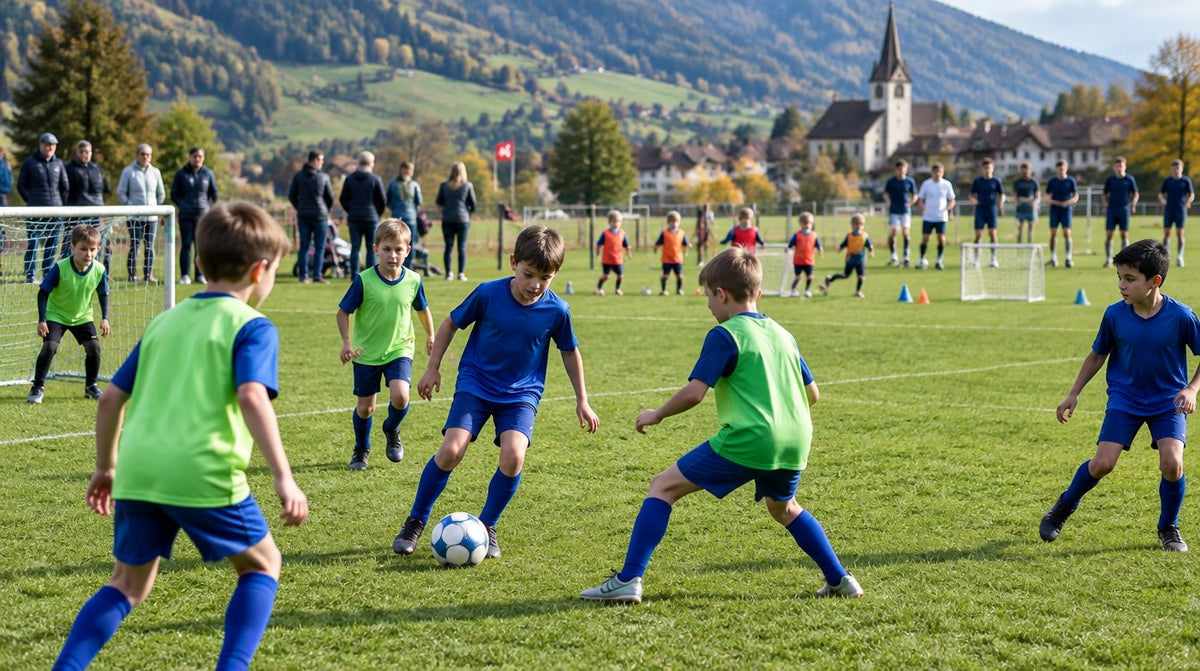 Junioren verschiedener Kategorien beim Fussballspielen auf einem Schweizer Fussballplatz