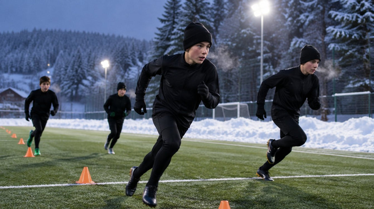 Junioren sprinten im Winter unter Flutlicht auf schneegeräumtem Kunstrasen